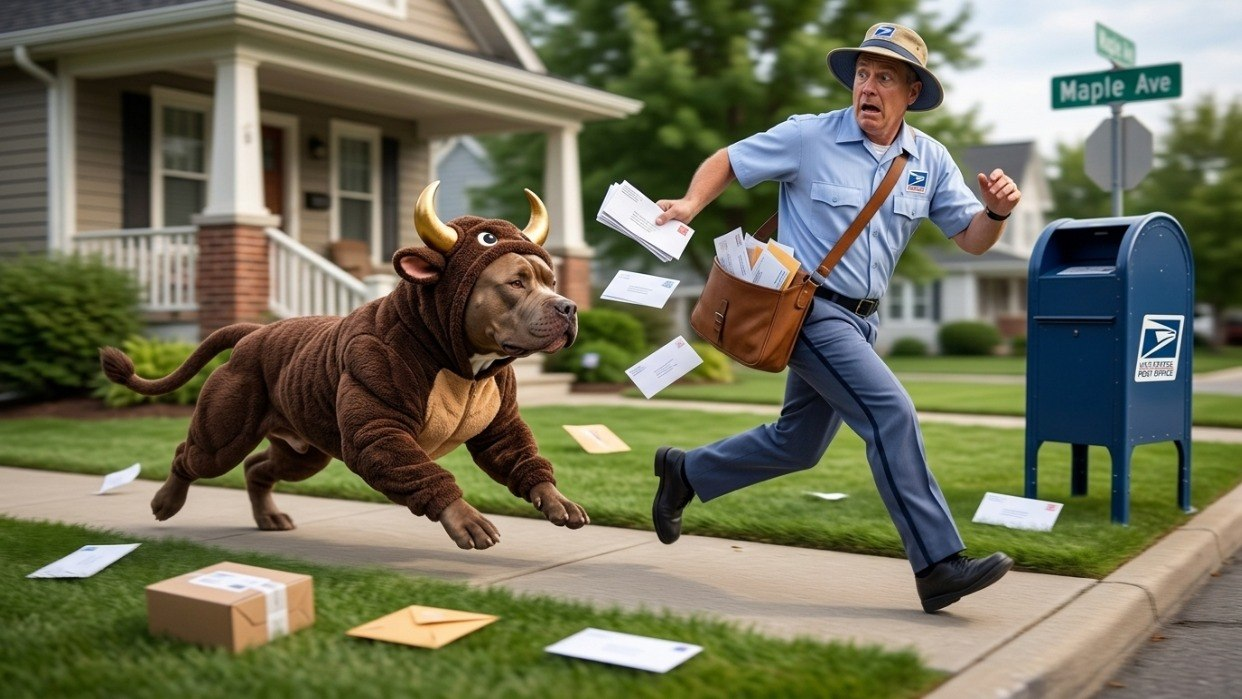 $PITBULL mascot chasing a scared mailman down the street
