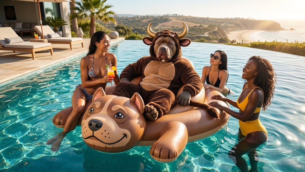 $PITBULL mascot lounging on a dog pool float at a luxury pool party