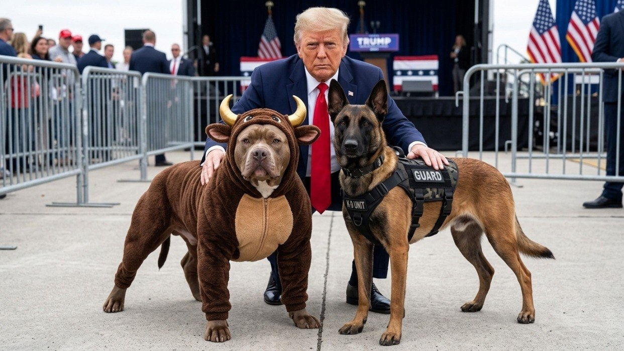 $PITBULL mascot posing with Trump and a K-9 guard dog