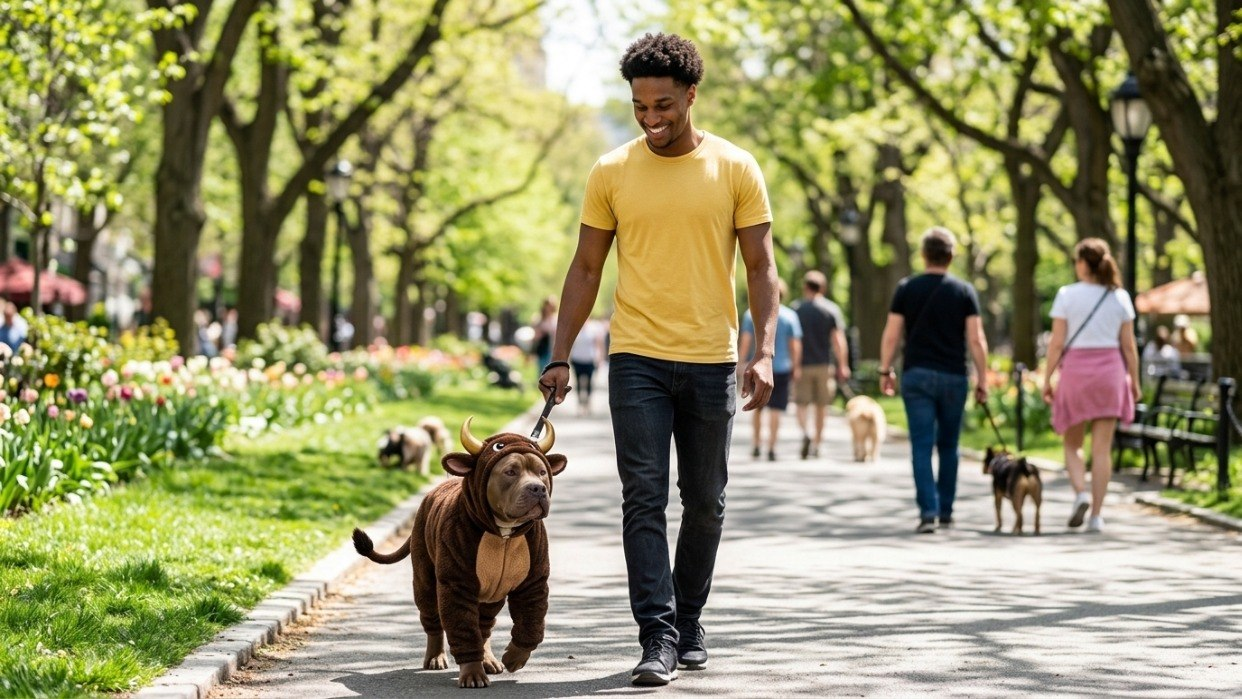 $PITBULL mascot being walked through a sunny park