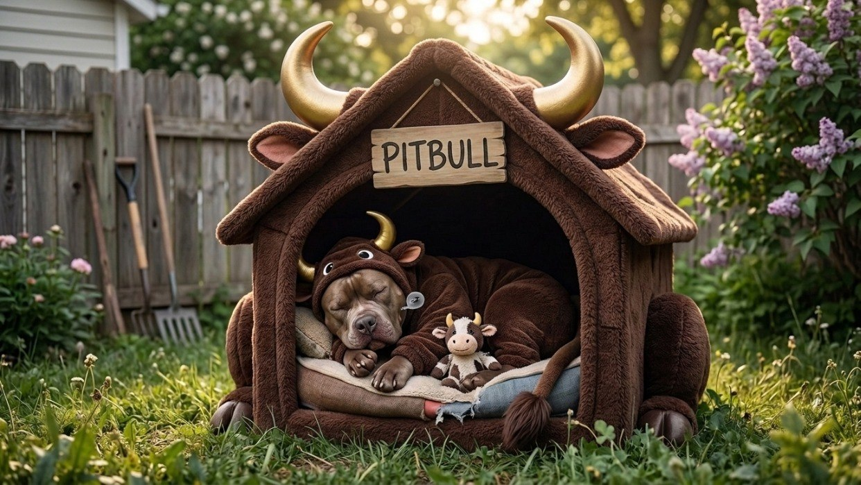 $PITBULL mascot sleeping in a cozy Pitbull doghouse hugging a plush cow
